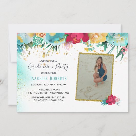 Colorful Flowers Gold Sparkle Glitter Afstuderen Kaart (Voorkant)