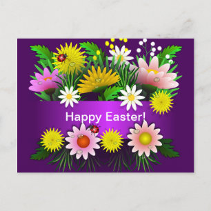 Colorful Flowers Lady Bugs Waterverf Pasen Briefkaart