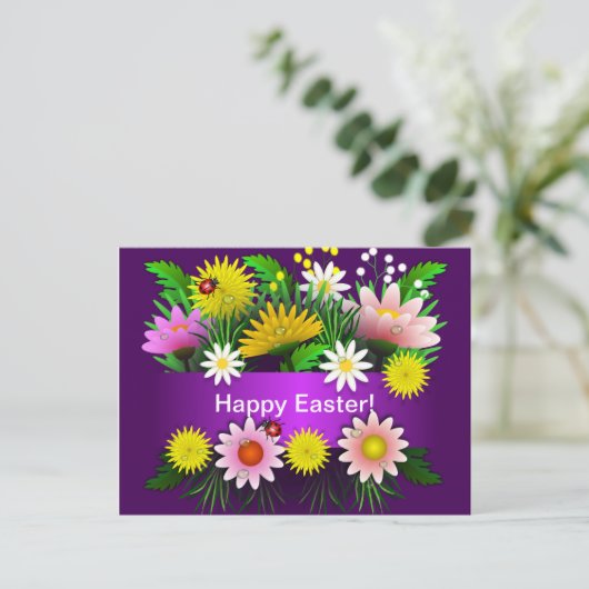 Colorful Flowers Lady Bugs Waterverf Pasen Briefkaart (Staand voorkant)