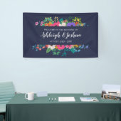 Colorful Flowers Navy Blue Wedding Welcome Spandoek (Beurs)