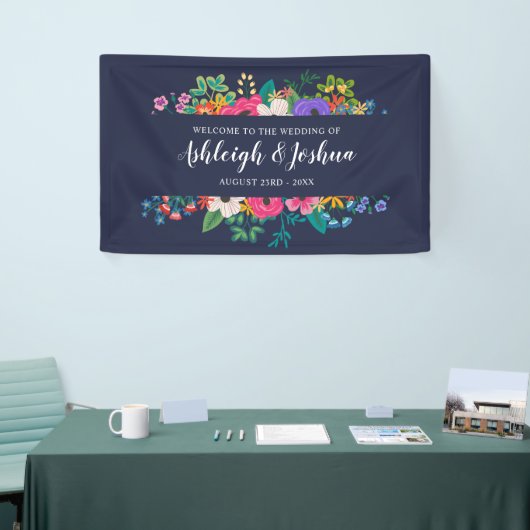 Colorful Flowers Navy Blue Wedding Welcome Spandoek (Beurs)