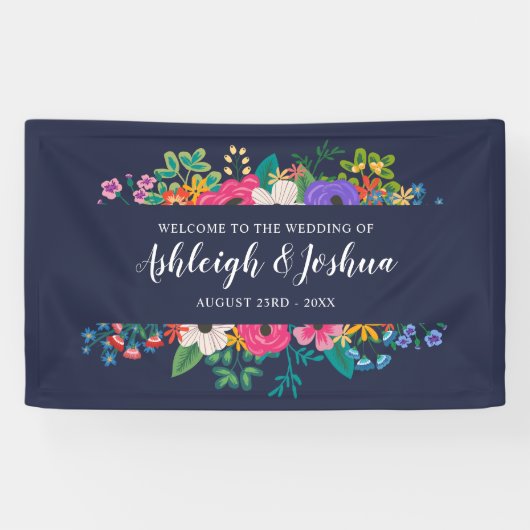Colorful Flowers Navy Blue Wedding Welcome Spandoek (Horizontaal)