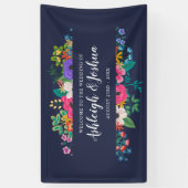 Colorful Flowers Navy Blue Wedding Welcome Spandoek (Verticaal)