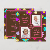 Colorful Flowers on Brown Photo First Birthday Kaart (Voorkant / Achterkant)