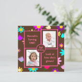 Colorful Flowers on Brown Photo First Birthday Kaart (Staand voorkant)