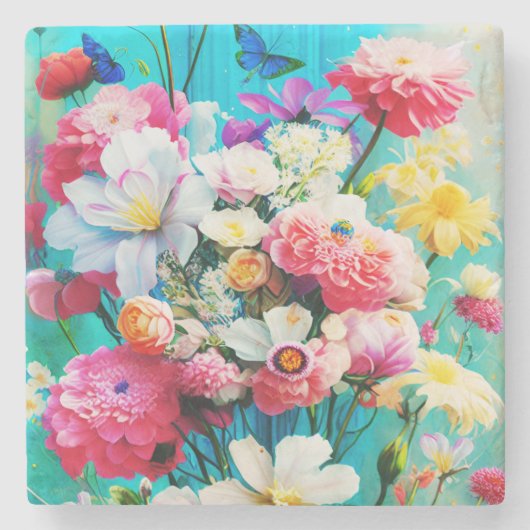 Colorful Flowers  on Teal Stenen Onderzetter (Voorkant)