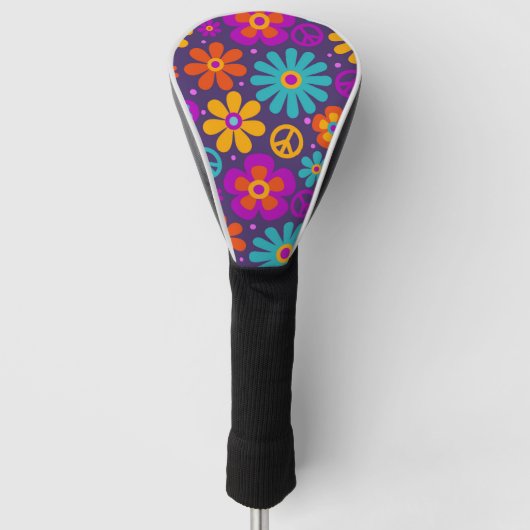 Colorful Flowers Peace Love Groovy Retro Hippie Golfheadcover (Voorkant)