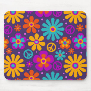 Colorful Flowers Peace Love Groovy Retro Hippie Muismat
