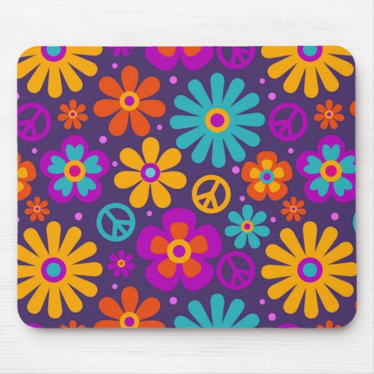 Colorful Flowers Peace Love Groovy Retro Hippie Muismat (Voorkant)