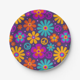 Colorful Flowers Peace Love Groovy Retro Hippie Papieren Bordje