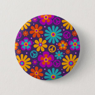 Colorful Flowers Peace Love Groovy Retro Hippie Ronde Button 5,7 Cm