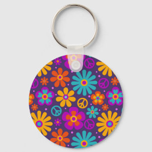Colorful Flowers Peace Love Groovy Retro Hippie Sleutelhanger
