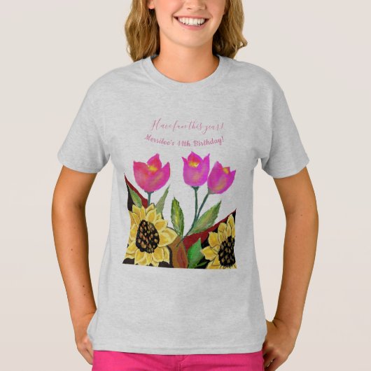 Colorful Flowers Pink Tulips & Yellow Sunflower T-shirt (Voorkant)