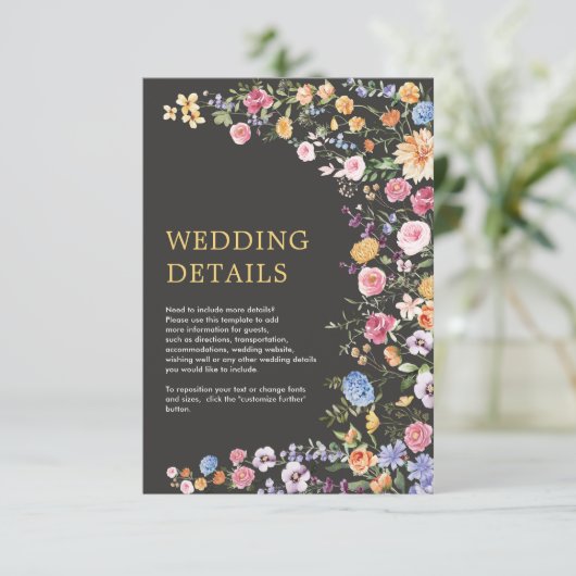Colorful Flowers Spring Wildflower WeddenDetails Informatiekaartje (Staand voorkant)