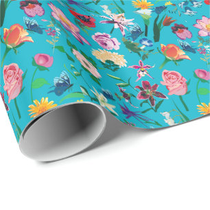 Colorful Flowers Turquoise Background Cadeaupapier