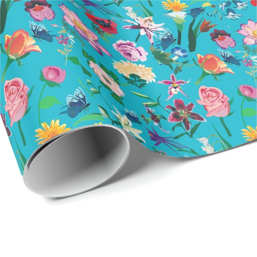 Colorful Flowers Turquoise Background Cadeaupapier (Rol Hoek)