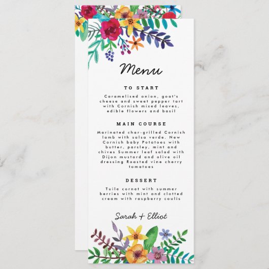 Colorful Flowers Weddenschap Flat Menu (Voorkant / Achterkant)