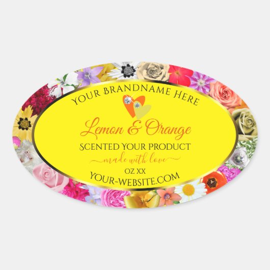 Colorful Flowers Yellow Product Labels with Hearts (Voorkant)