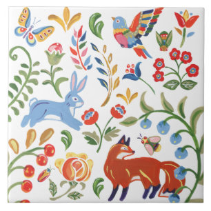 Colorful Folk Animal Woodland Floral Fox Rabbit Tegeltje