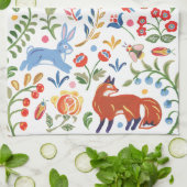 Colorful Folk Animal Woodland Floral Rabbit Fox Theedoek (Gevouwen)
