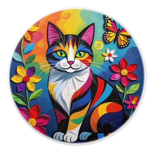 Colorful Folk Art Cat   Keramische Knop (Voorkant)