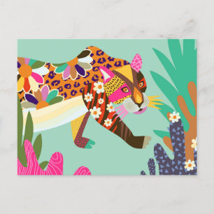 Colorful Folk Art Leopard Animal Portret Briefkaart