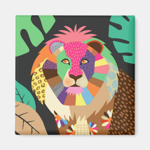 Colorful Folk Art Oerwoud Lion Animal Portret Magneet