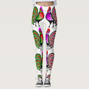 Colorful Folk Art Roosters Leggings