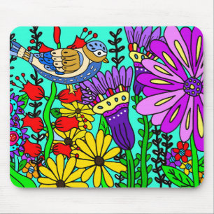 Colorful Folk Art Style Bird en Flowers Muismat