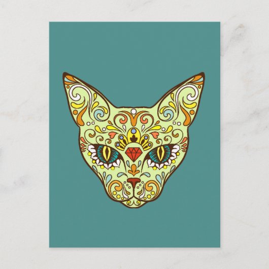 Colorful Folk Art Sugar Skull Magical Cat Briefkaart (Voorkant)