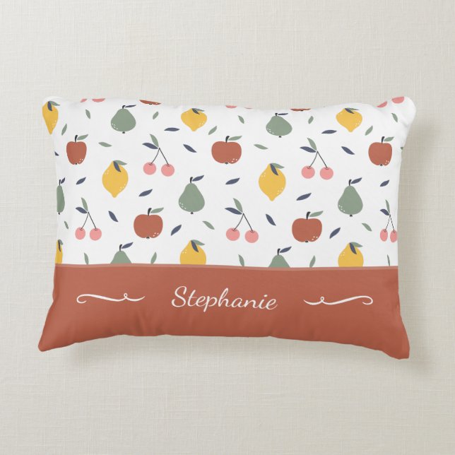 Colorful Fruit Pattern Voornaam Rood Accent Kussen (Achterkant)