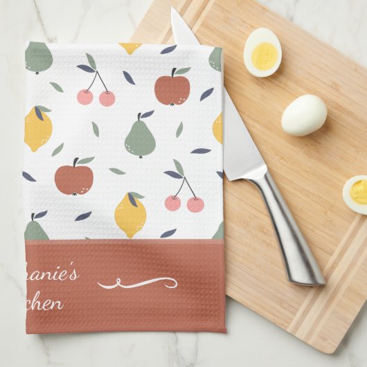 Colorful Fruit Pattern Voornaam Rood Theedoek (Quarter Fold)