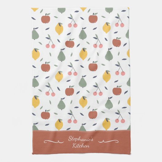Colorful Fruit Pattern Voornaam Rood Theedoek (Verticaal)