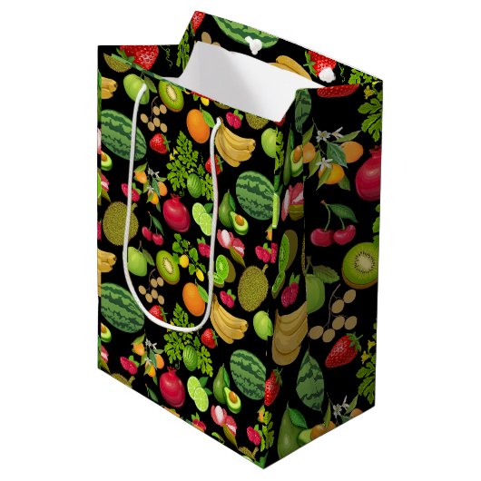 Colorful Fruits Pattern 01.b Black BG Medium Cadeauzakje (Voorkant Gekanteld)