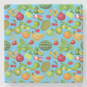 Colorful Fruits Pattern 01.b Lblue BG Stenen Onderzetter