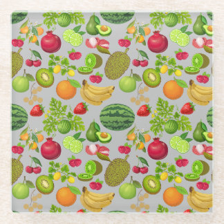 Colorful Fruits Pattern 01.b LGrey BG Glazen Onderzetter