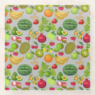 Colorful Fruits Pattern 01.b LGrey BG Glazen Onderzetter