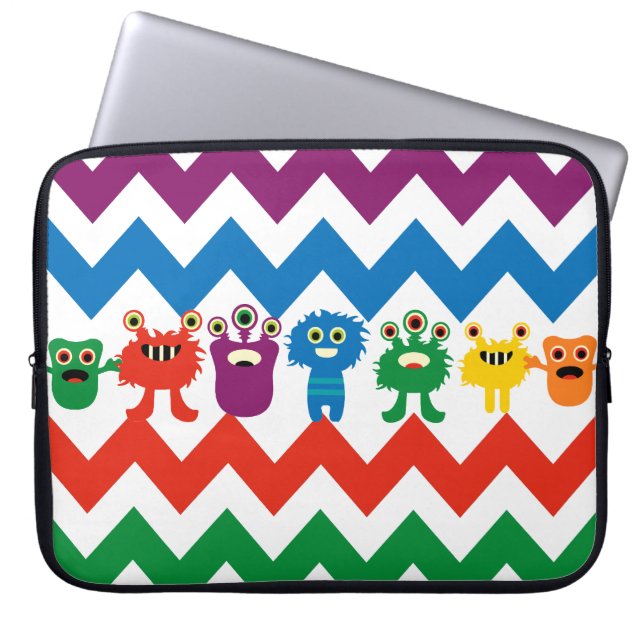 Colorful Fun Monsters Cute Chevron Striped Pattern Laptop Sleeve (Voorkant)