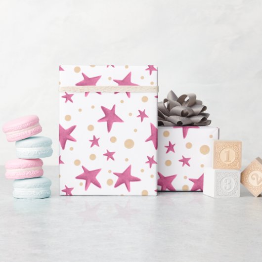 Colorful Fun Pink Stars and Yellow Circles Party Cadeaupapier (Baby Shower)