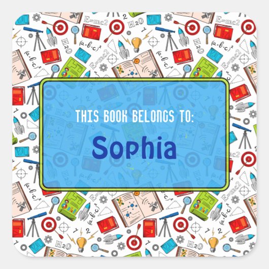 Colorful Fun School Science Pattern gepersonalisee Vierkante Sticker (Voorkant)