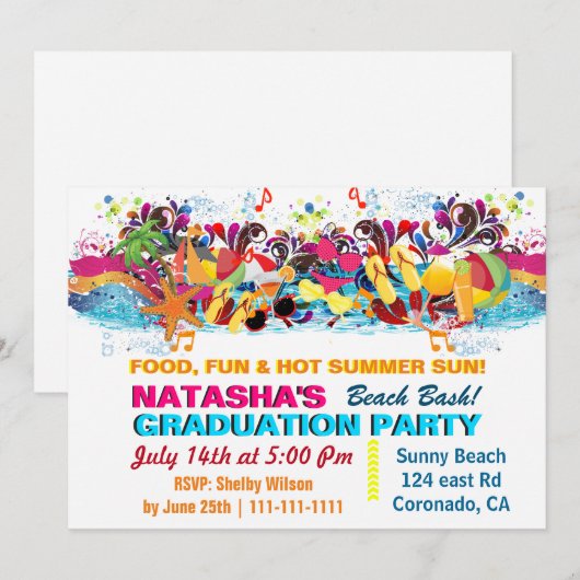 Colorful Fun Summer Beach Graduparty Kaart (Voorkant / Achterkant)