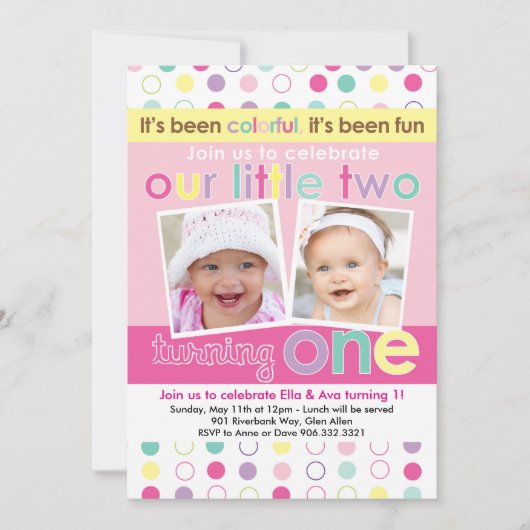 Colorful Fun Twin Girls First Birthday Uitnodiging (Voorkant)