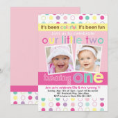 Colorful Fun Twin Girls First Birthday Uitnodiging (Voorkant / Achterkant)