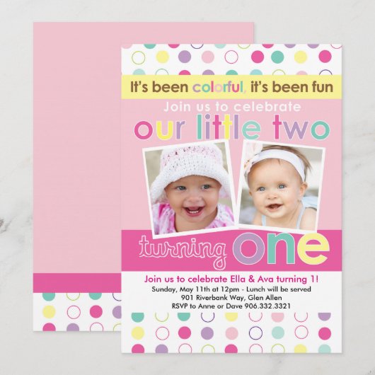Colorful Fun Twin Girls First Birthday Uitnodiging (Voorkant / Achterkant)