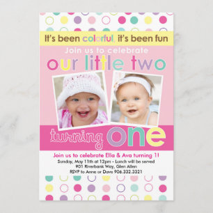 Colorful Fun Twin Girls First Birthday Uitnodiging