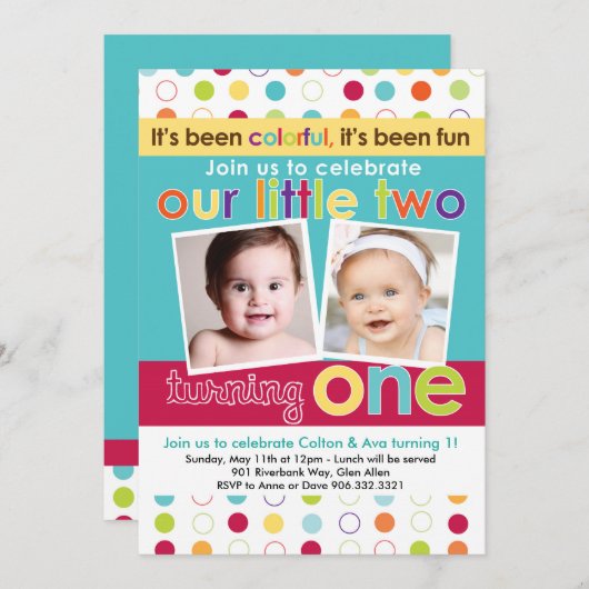 Colorful Fun Twins First Birthday Uitnodiging (Voorkant / Achterkant)