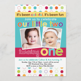 Colorful Fun Twins First Birthday Uitnodiging