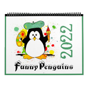 Colorful Funny Penguins Cartoon Art Green 2022 Kalender