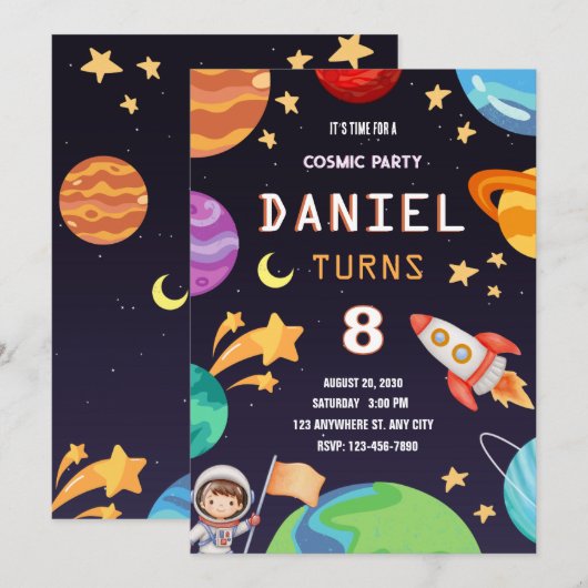 Colorful Galaxy Birthday Party Kaart (Voorkant / Achterkant)