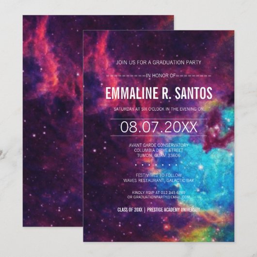 Colorful Galaxy Graduation Party Invite Kaart (Voorkant / Achterkant)